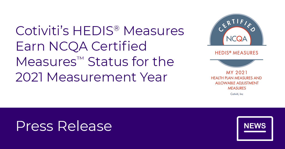 Cotiviti’s HEDIS® Measures Earn NCQA Certified Measures™ Status for the